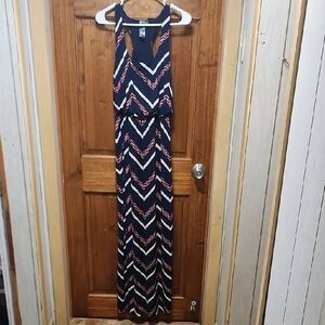 Chevron Patterned Navy and Red Maxi Dress